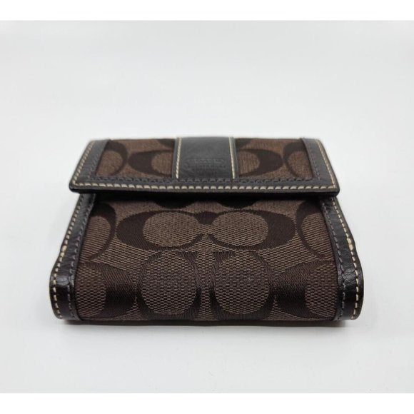 Coach Dark Chocolate Brown Signature Canvas Leather Tri-Fold Snap Wallet - Picture 5 of 13
